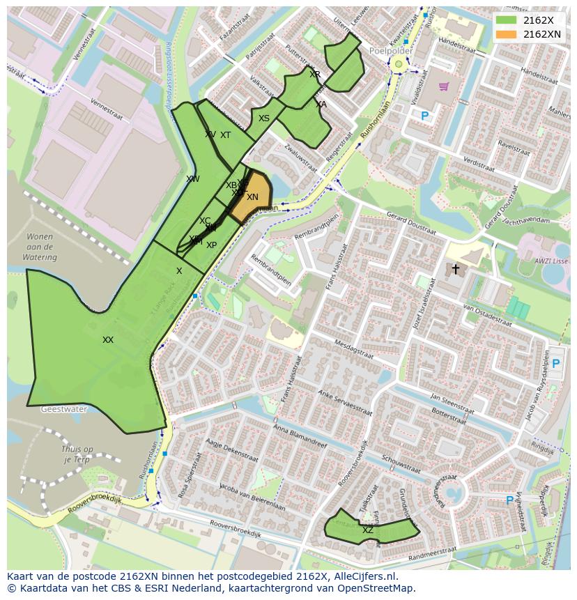 Afbeelding van het postcodegebied 2162 XN op de kaart.