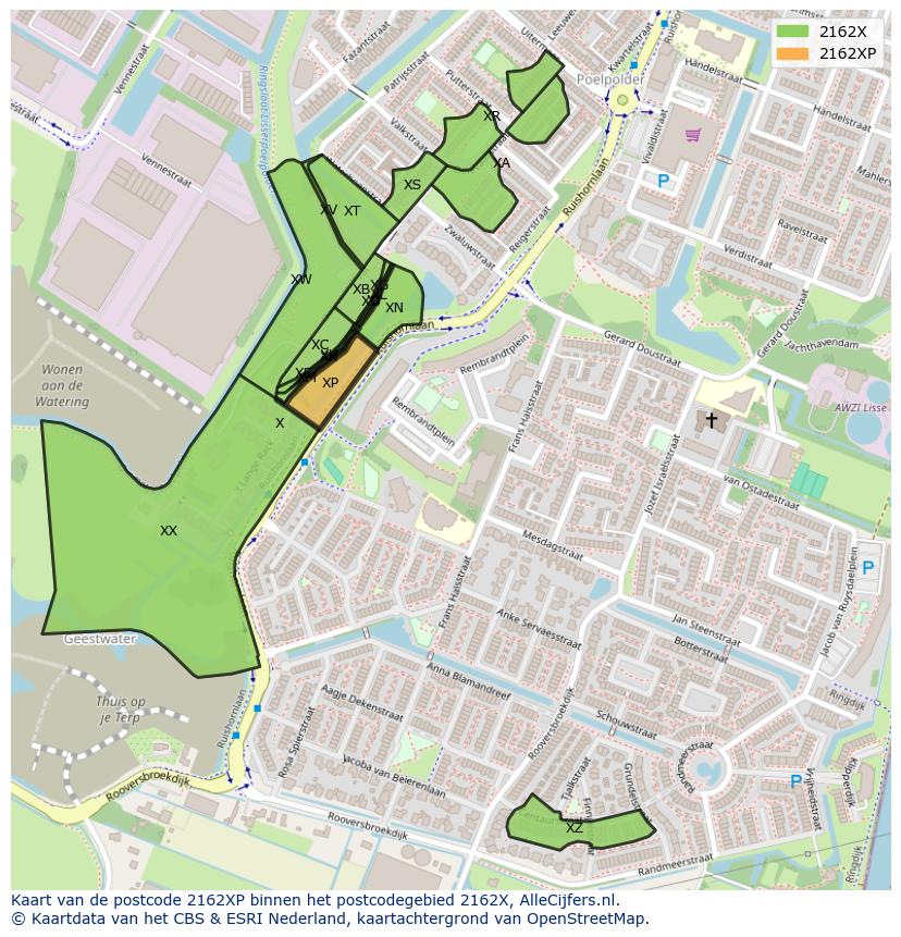 Afbeelding van het postcodegebied 2162 XP op de kaart.