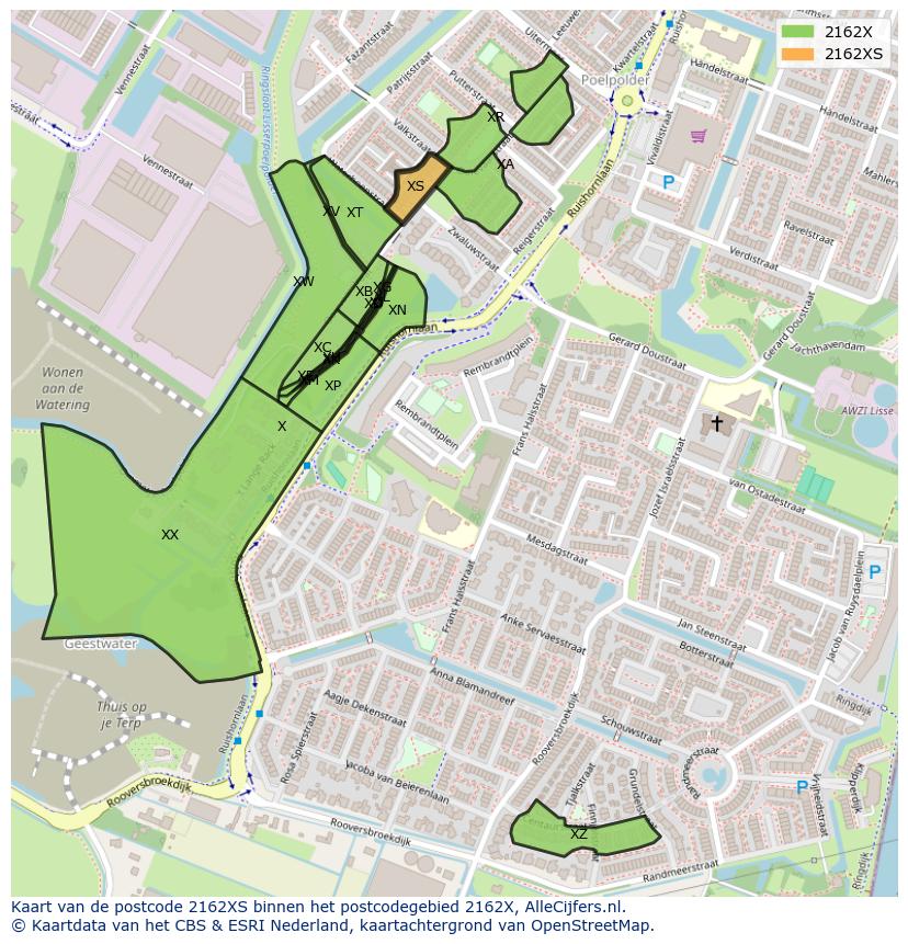Afbeelding van het postcodegebied 2162 XS op de kaart.