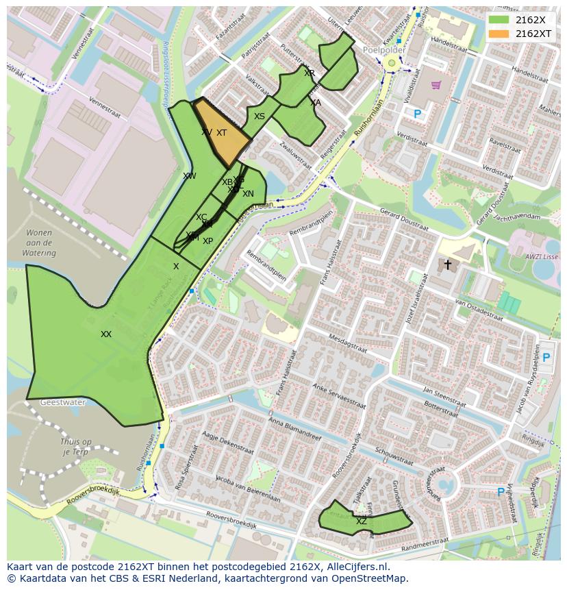 Afbeelding van het postcodegebied 2162 XT op de kaart.