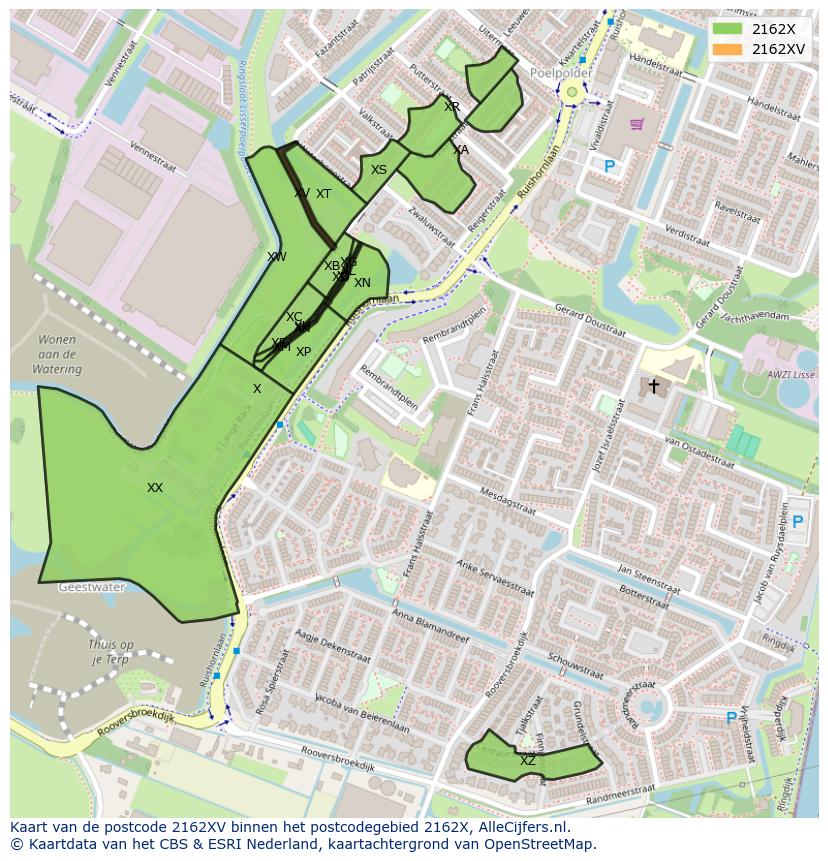 Afbeelding van het postcodegebied 2162 XV op de kaart.