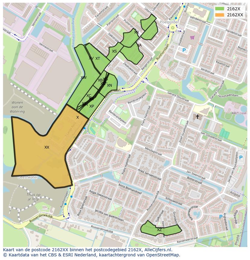Afbeelding van het postcodegebied 2162 XX op de kaart.