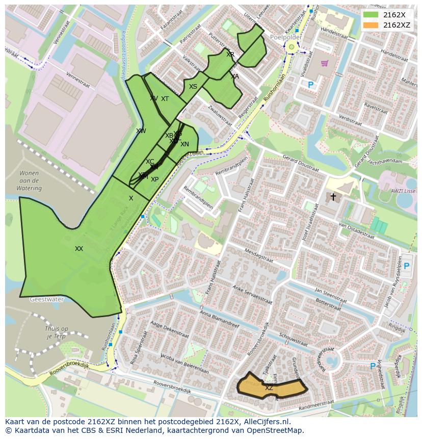 Afbeelding van het postcodegebied 2162 XZ op de kaart.