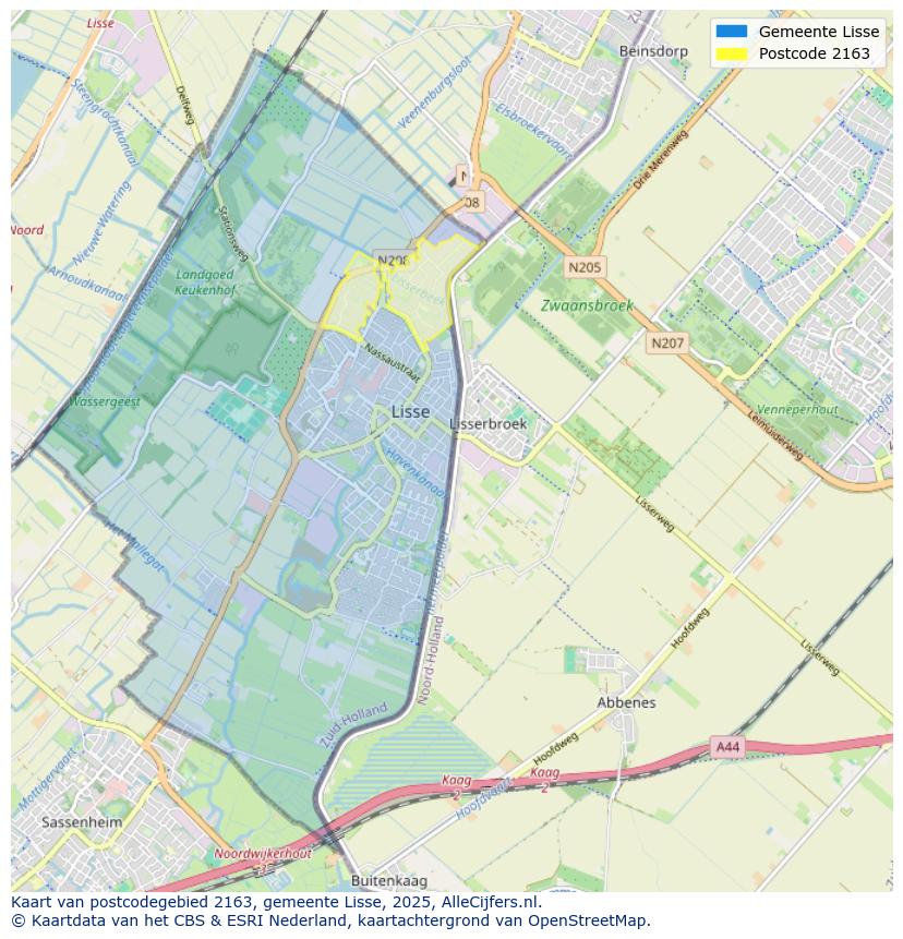 Afbeelding van het postcodegebied 2163 op de kaart.
