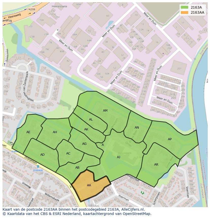 Afbeelding van het postcodegebied 2163 AA op de kaart.