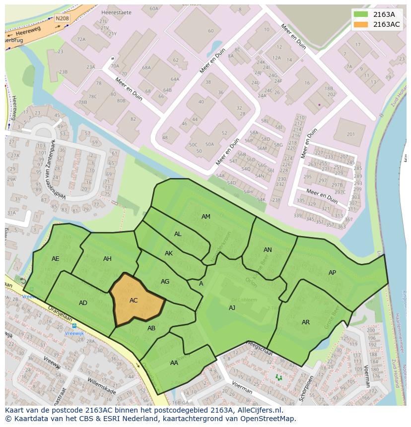 Afbeelding van het postcodegebied 2163 AC op de kaart.