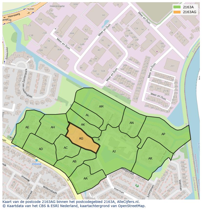 Afbeelding van het postcodegebied 2163 AG op de kaart.