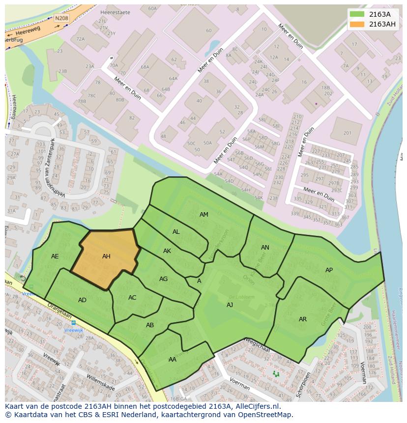 Afbeelding van het postcodegebied 2163 AH op de kaart.