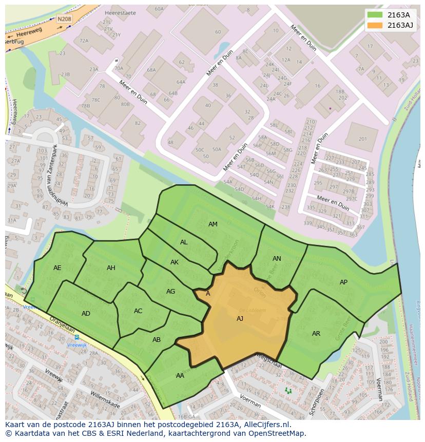 Afbeelding van het postcodegebied 2163 AJ op de kaart.
