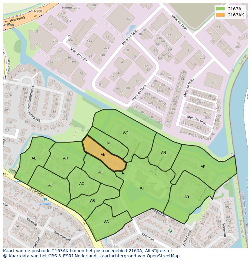 Afbeelding van het postcodegebied 2163 AK op de kaart.