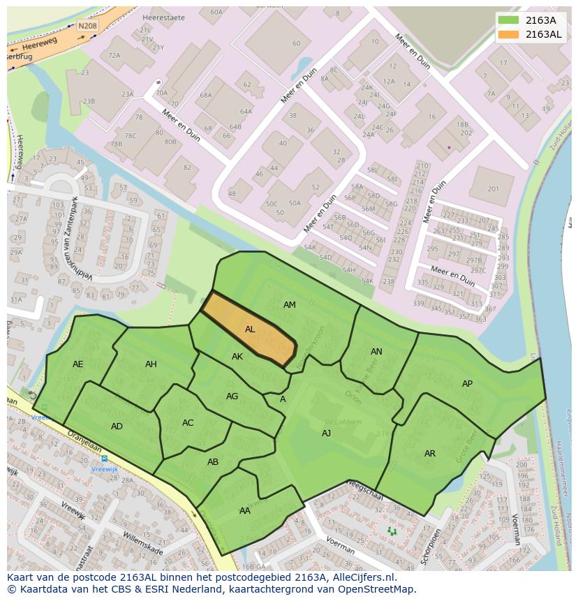 Afbeelding van het postcodegebied 2163 AL op de kaart.