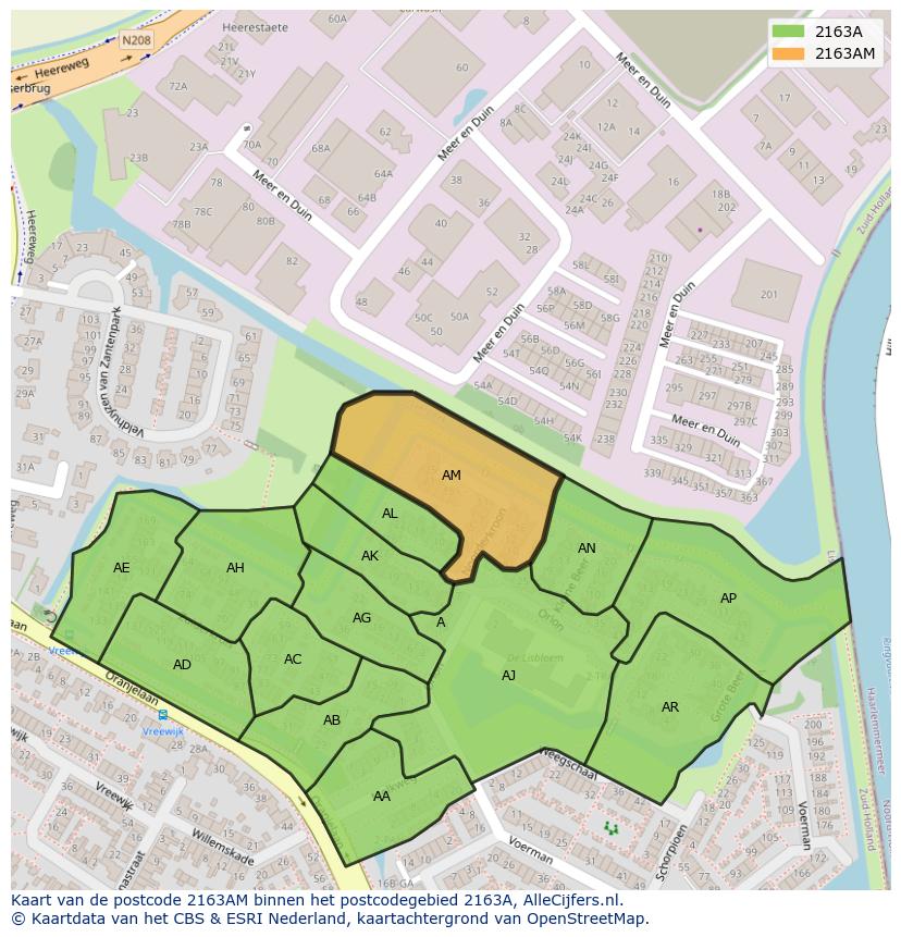 Afbeelding van het postcodegebied 2163 AM op de kaart.