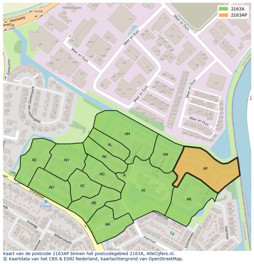 Afbeelding van het postcodegebied 2163 AP op de kaart.
