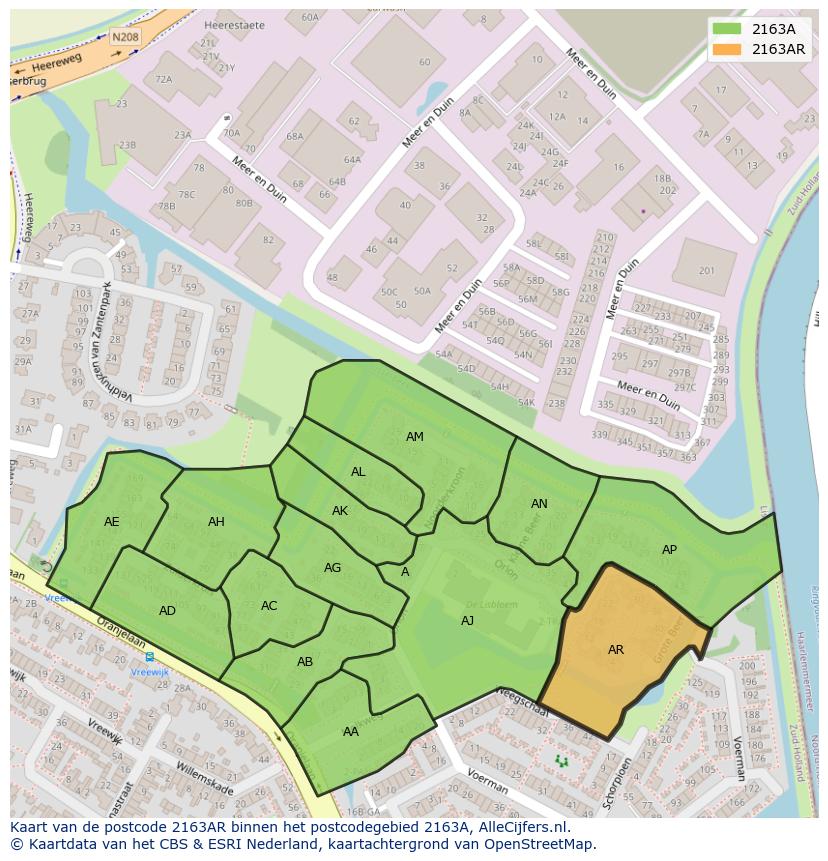 Afbeelding van het postcodegebied 2163 AR op de kaart.