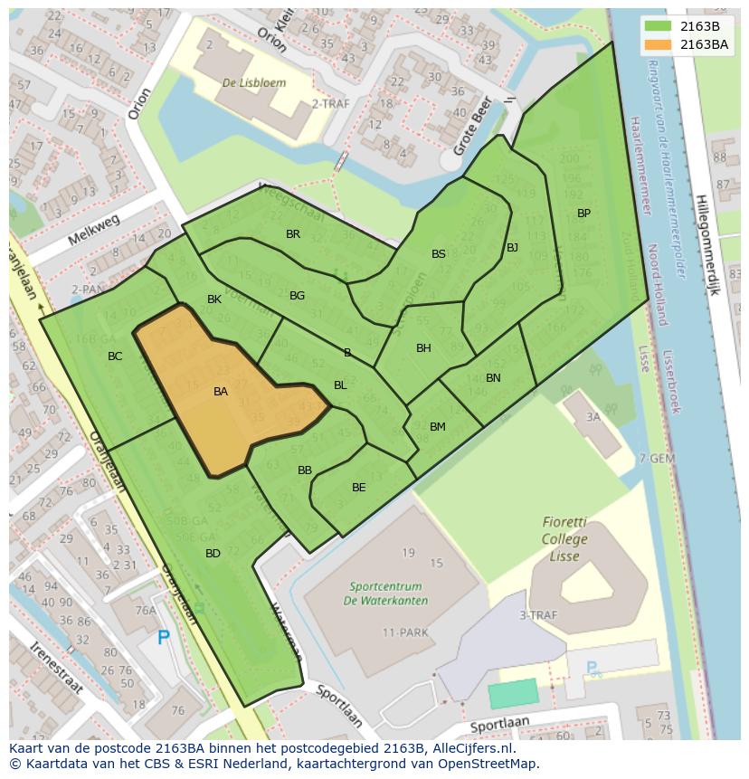 Afbeelding van het postcodegebied 2163 BA op de kaart.