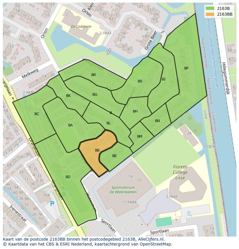 Afbeelding van het postcodegebied 2163 BB op de kaart.