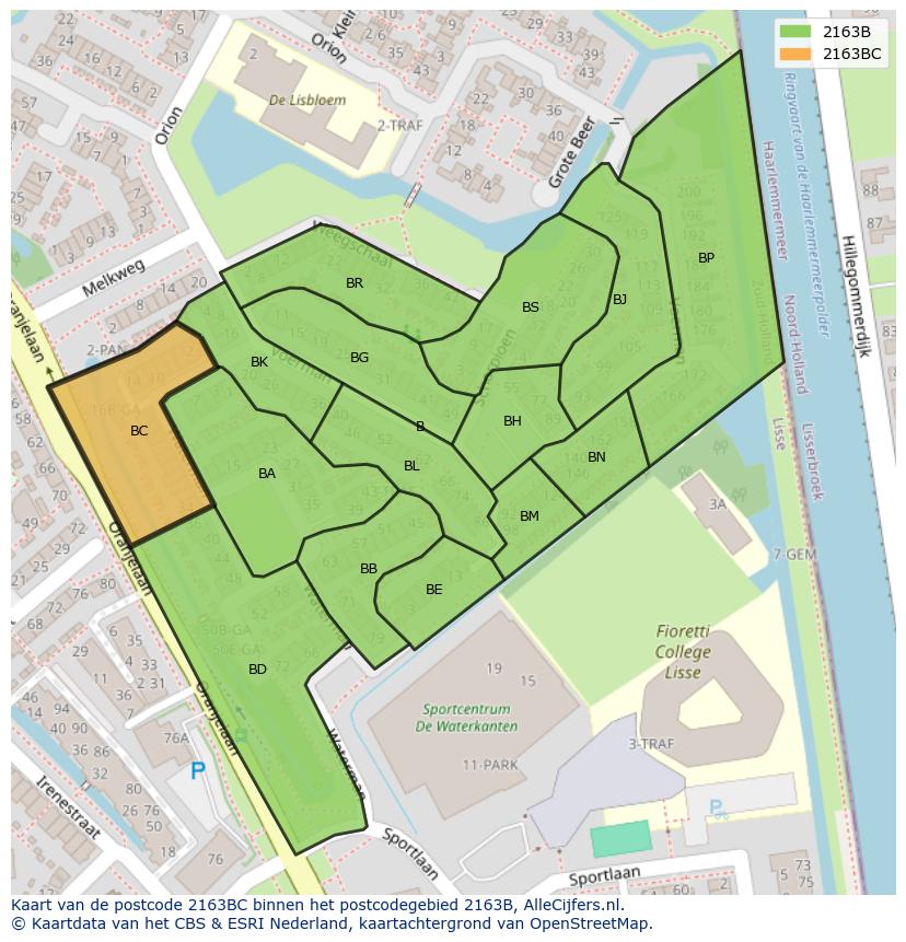 Afbeelding van het postcodegebied 2163 BC op de kaart.