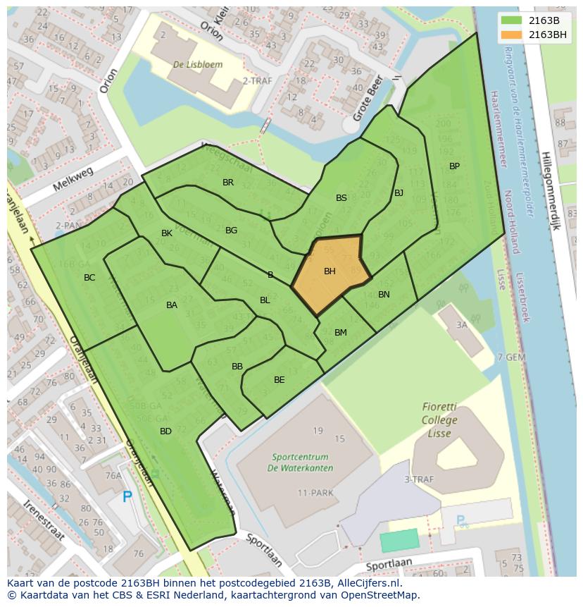 Afbeelding van het postcodegebied 2163 BH op de kaart.