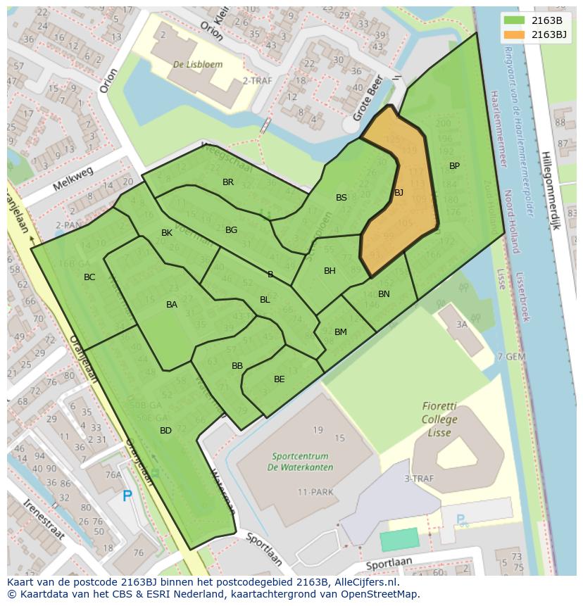 Afbeelding van het postcodegebied 2163 BJ op de kaart.