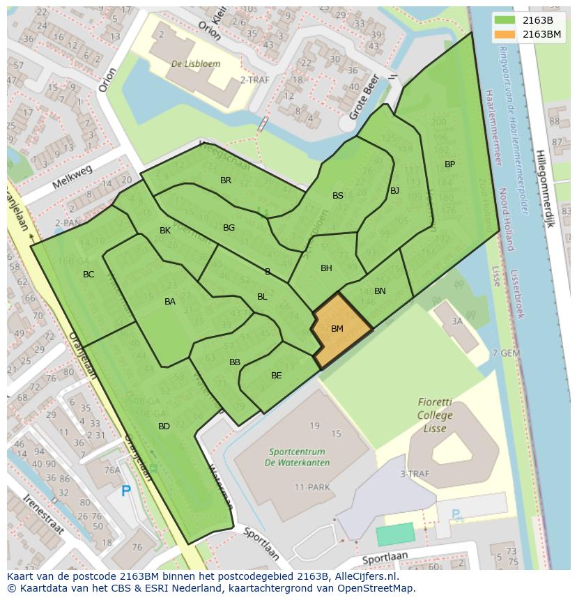 Afbeelding van het postcodegebied 2163 BM op de kaart.