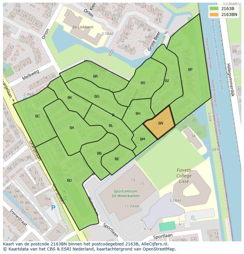 Afbeelding van het postcodegebied 2163 BN op de kaart.