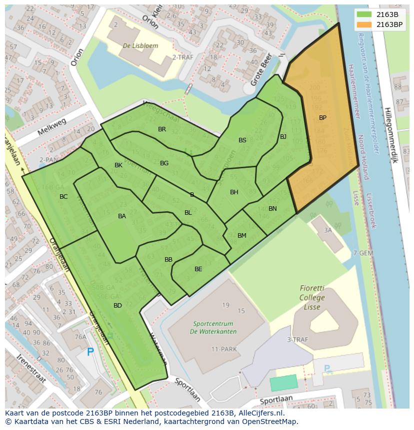 Afbeelding van het postcodegebied 2163 BP op de kaart.