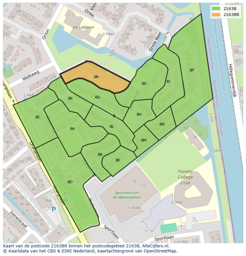 Afbeelding van het postcodegebied 2163 BR op de kaart.