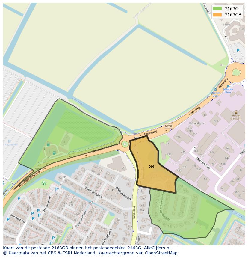 Afbeelding van het postcodegebied 2163 GB op de kaart.
