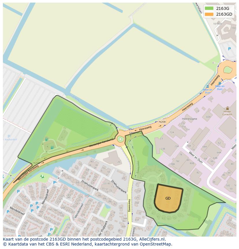 Afbeelding van het postcodegebied 2163 GD op de kaart.