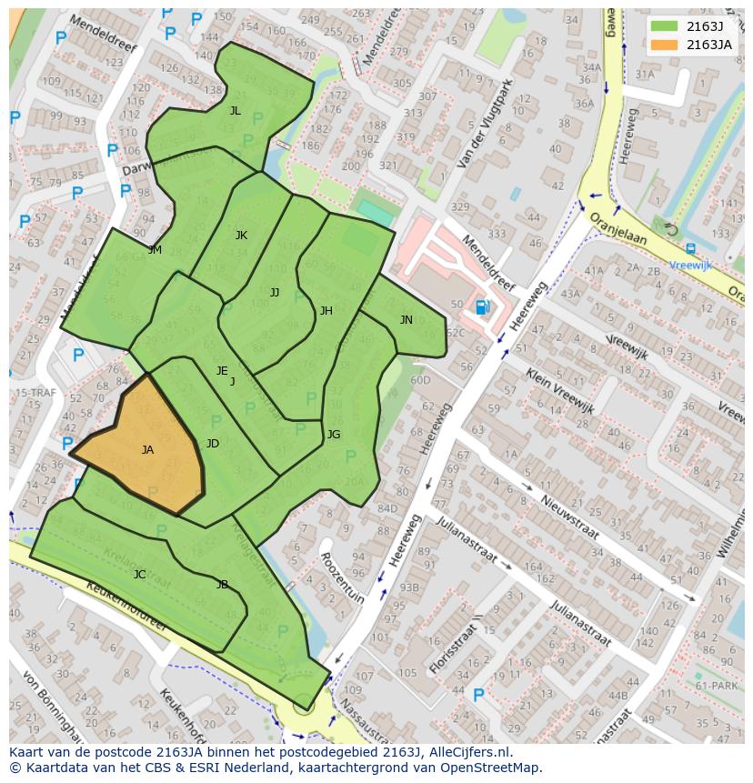Afbeelding van het postcodegebied 2163 JA op de kaart.