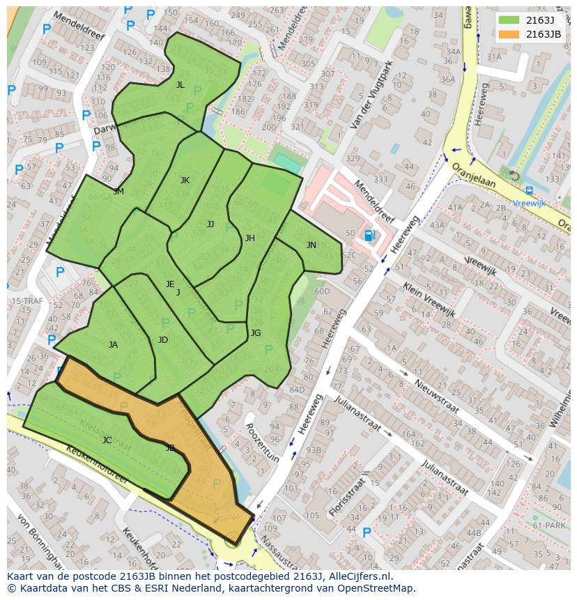 Afbeelding van het postcodegebied 2163 JB op de kaart.