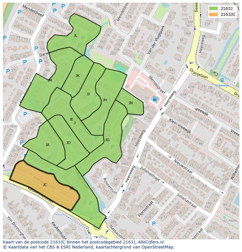 Afbeelding van het postcodegebied 2163 JC op de kaart.