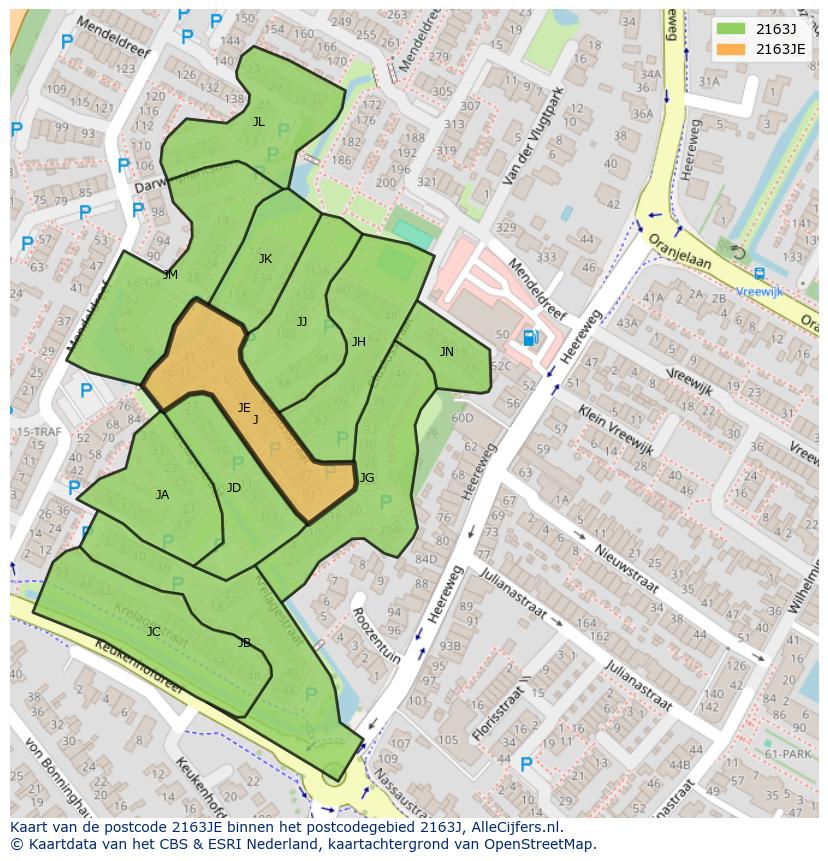 Afbeelding van het postcodegebied 2163 JE op de kaart.