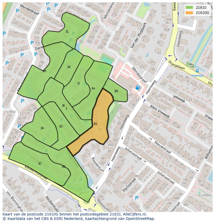Afbeelding van het postcodegebied 2163 JG op de kaart.