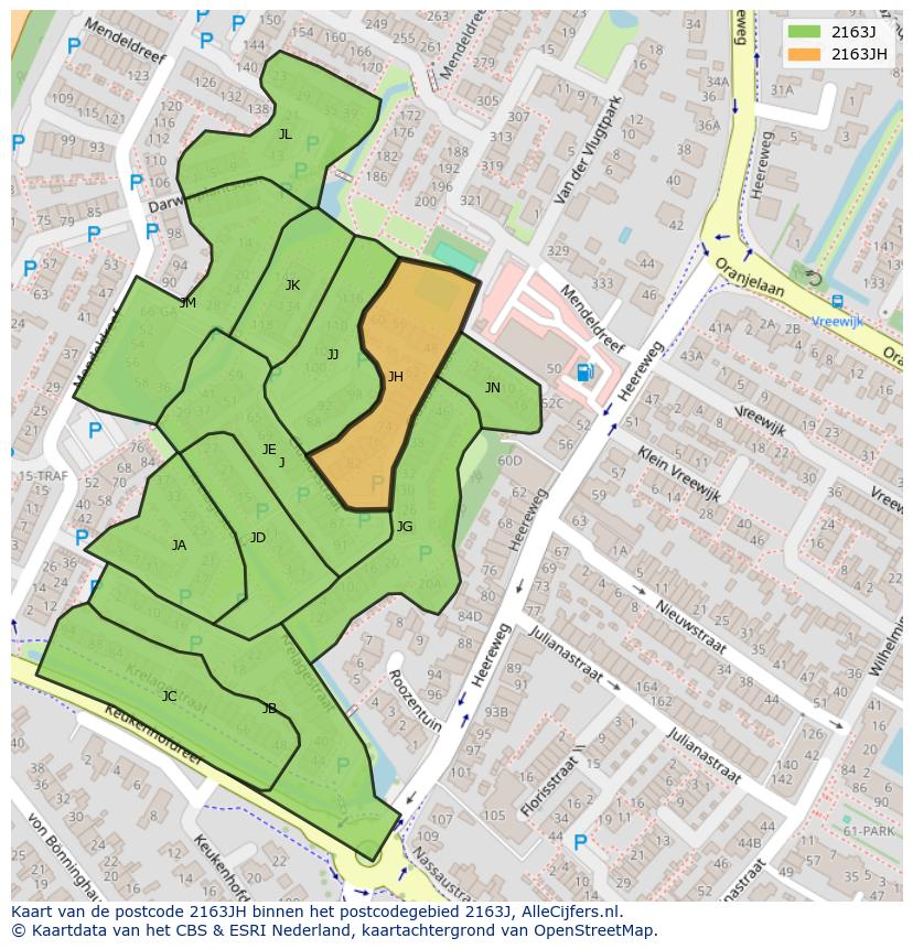 Afbeelding van het postcodegebied 2163 JH op de kaart.