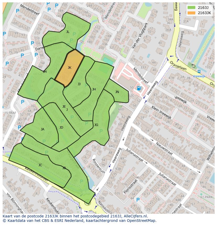 Afbeelding van het postcodegebied 2163 JK op de kaart.