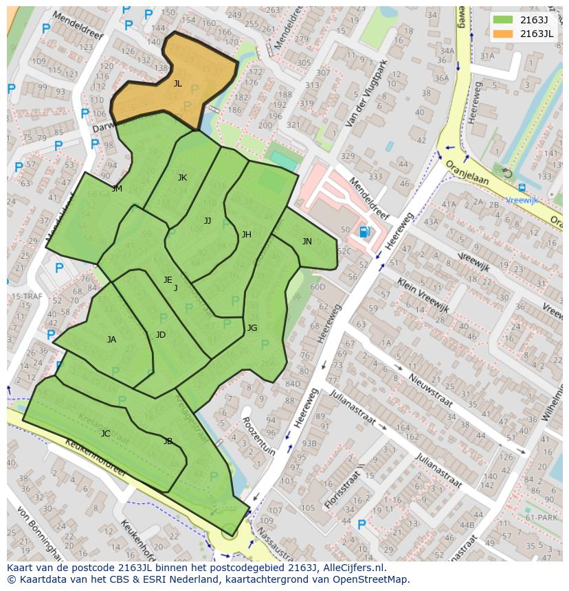 Afbeelding van het postcodegebied 2163 JL op de kaart.