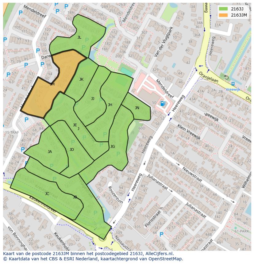 Afbeelding van het postcodegebied 2163 JM op de kaart.