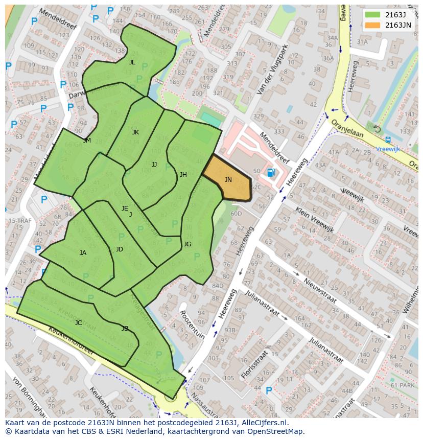 Afbeelding van het postcodegebied 2163 JN op de kaart.