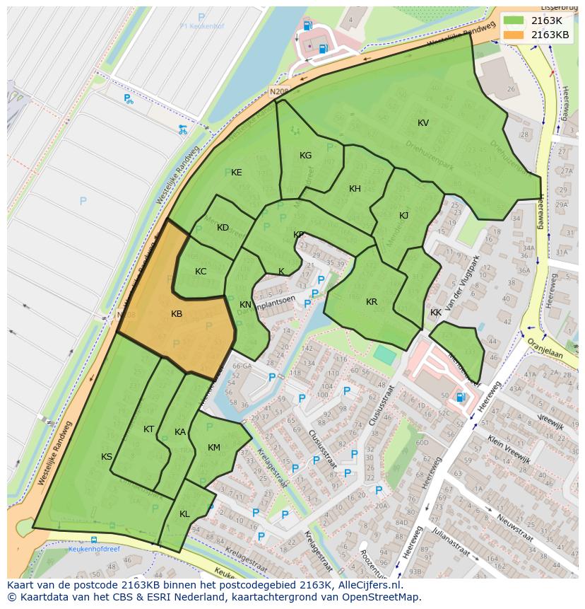 Afbeelding van het postcodegebied 2163 KB op de kaart.