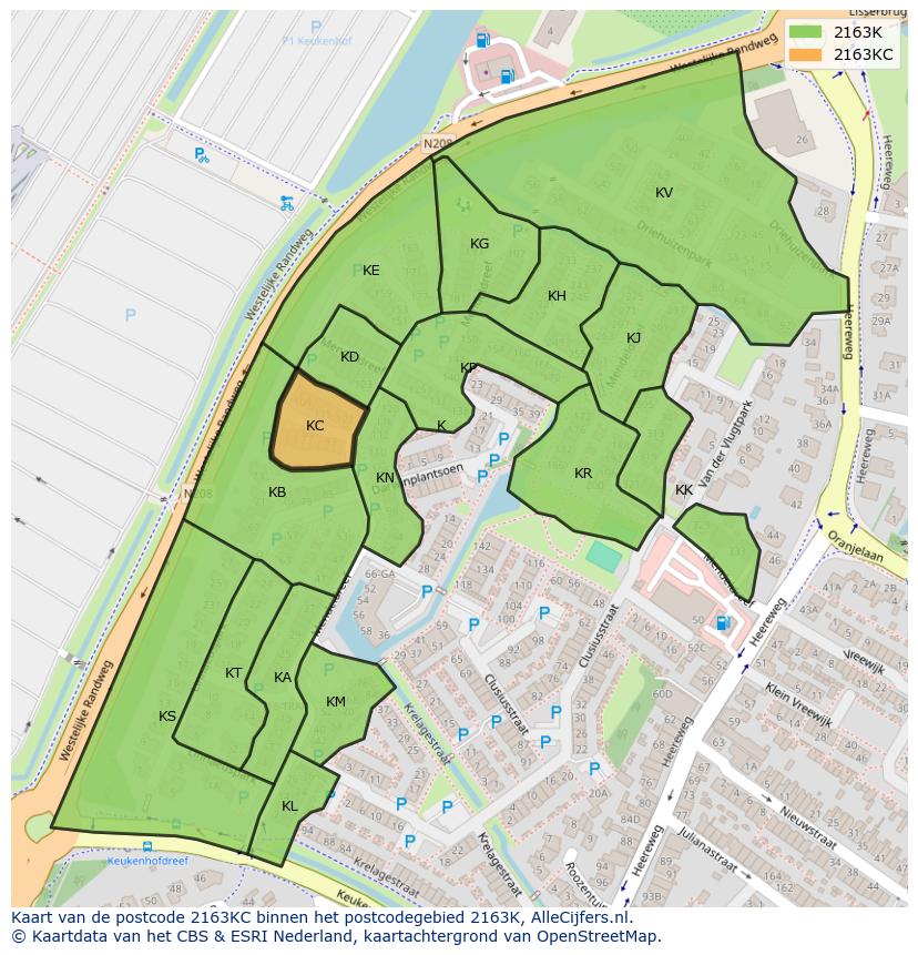 Afbeelding van het postcodegebied 2163 KC op de kaart.