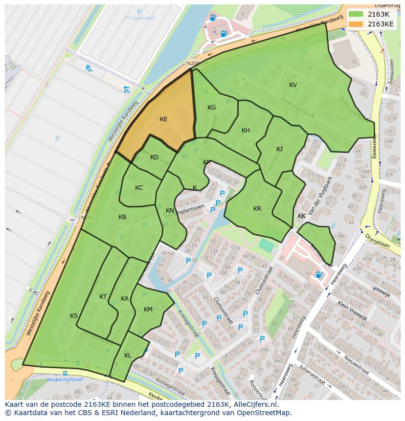 Afbeelding van het postcodegebied 2163 KE op de kaart.