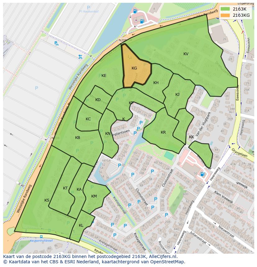 Afbeelding van het postcodegebied 2163 KG op de kaart.