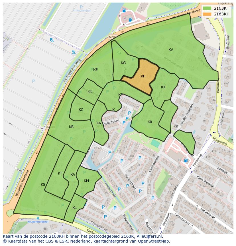 Afbeelding van het postcodegebied 2163 KH op de kaart.