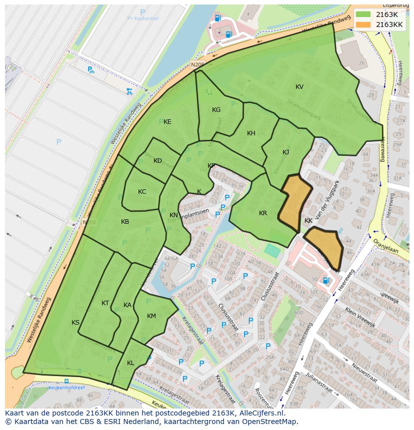 Afbeelding van het postcodegebied 2163 KK op de kaart.
