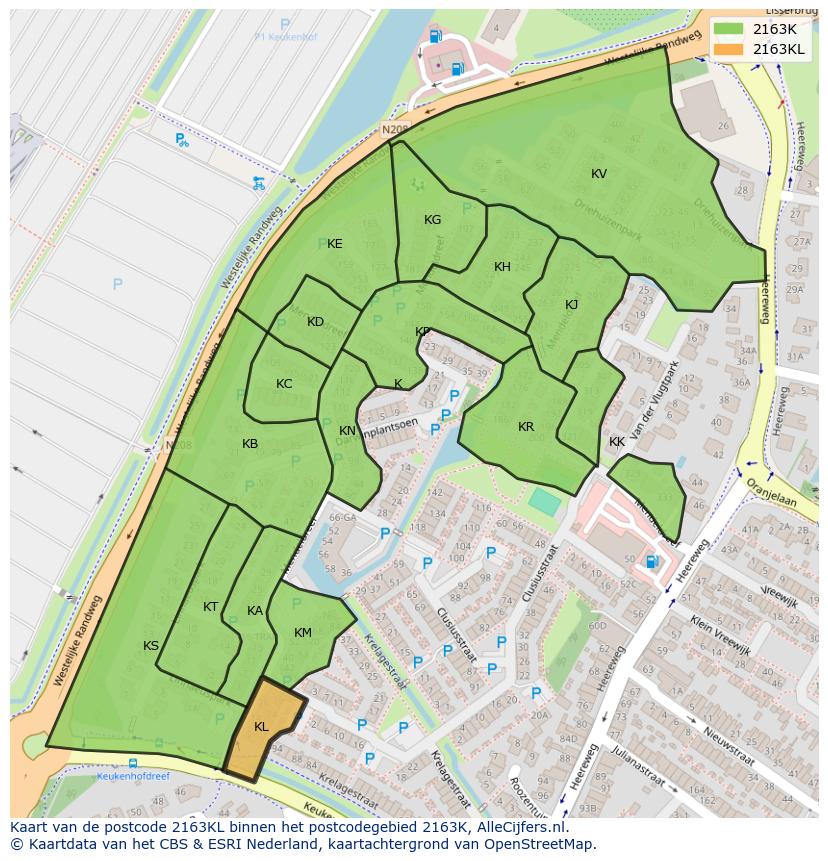 Afbeelding van het postcodegebied 2163 KL op de kaart.