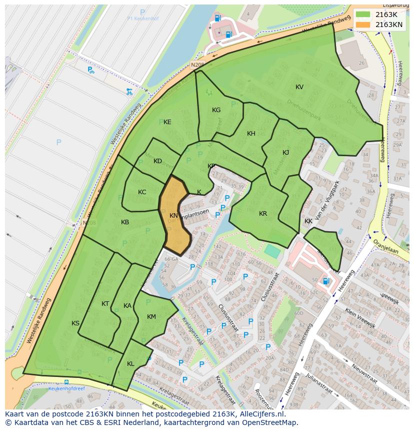 Afbeelding van het postcodegebied 2163 KN op de kaart.