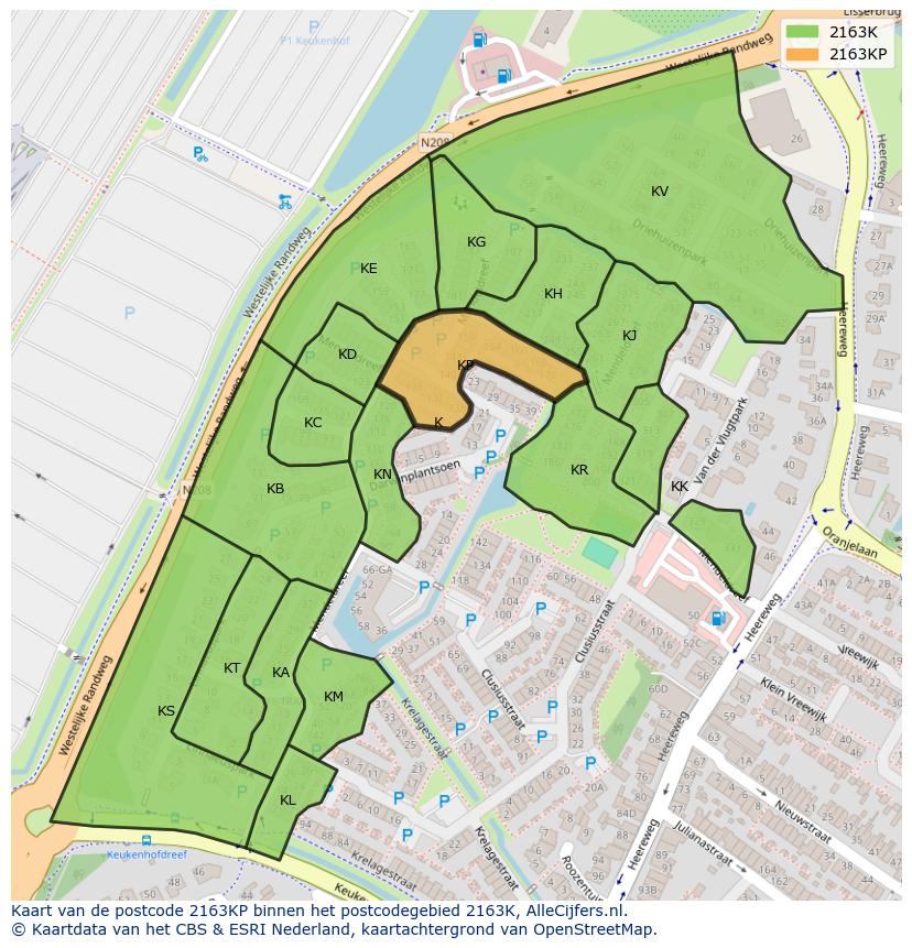 Afbeelding van het postcodegebied 2163 KP op de kaart.