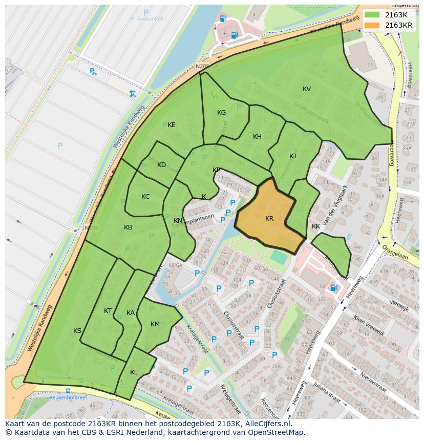 Afbeelding van het postcodegebied 2163 KR op de kaart.