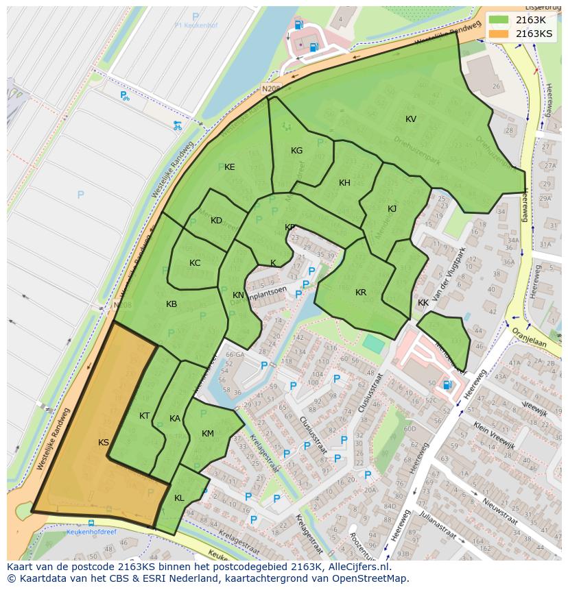 Afbeelding van het postcodegebied 2163 KS op de kaart.